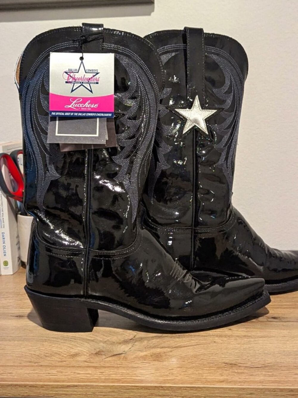 Lucchese Dallas Cowboys Black Patent Leather Cowboy Boots Women's 9C